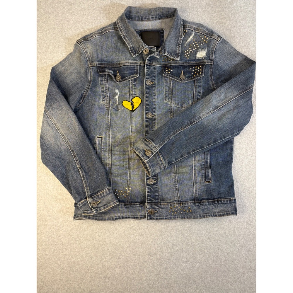 Kloud 9 Mens Distressed Studded Denim Jacket Blue XL Broken‎ Heart Patch Trucker